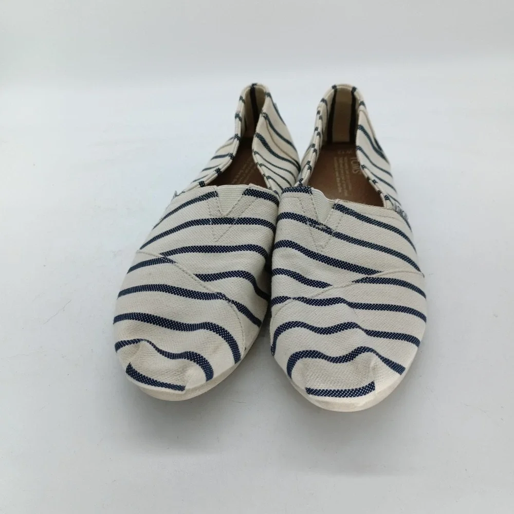 TOMS Alpargata Womens 12 Navy Blue Cream Striped Canvas Slip On Flats Shoes s8